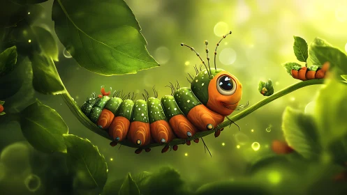 Green and orange caterpillar on leaf in stylized forest.