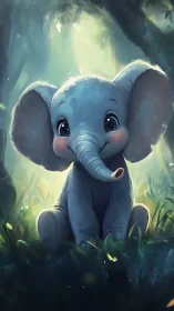 Sweet baby elephant smiling in a sunlit forest glade.