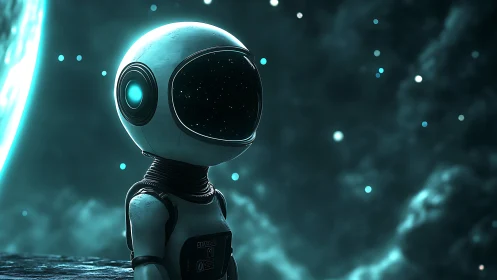 Humanoid space robot with helmet facing distant glowing planet.