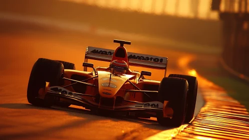 Orange single-seater race car on circuit at low sunlight.