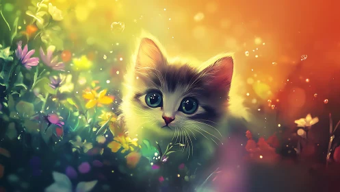 Luminous feline surrounded by vibrant botanical elements in warm ambient glow.