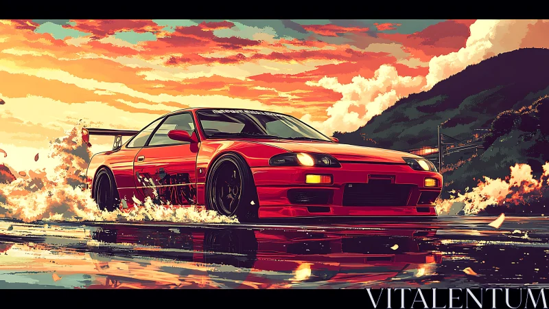 Red drift car powers through wet coastal highway sunset