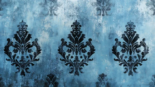 Ornate black damask motifs enrich a distressed blue wall