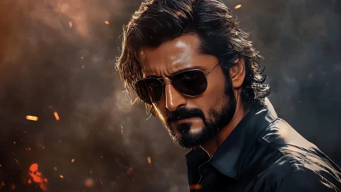 Brooding bearded man in sunglasses amid glowing embers.