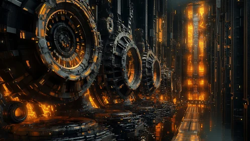 Massive rotating reactor rings illuminate dense industrial corridor