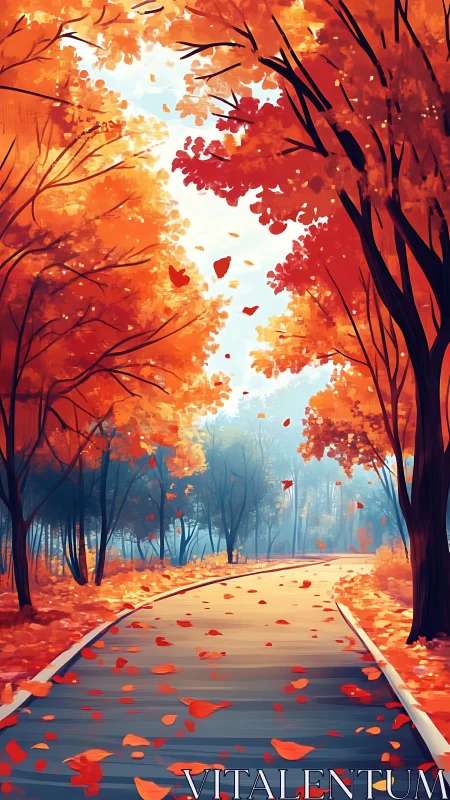 Curving paved path through orange autumn forest canopy.