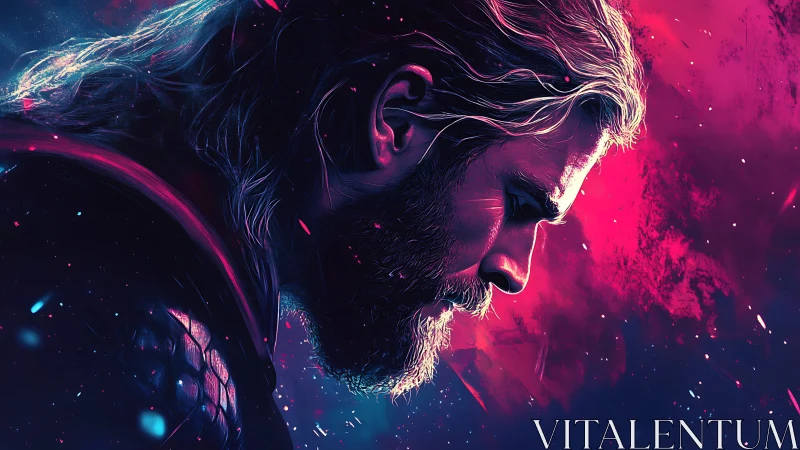 Neon-lit warrior profile in magenta blue cinematic contrast