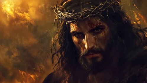 Solemn crowned figure stares through swirling golden light