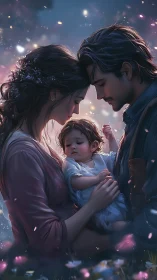 Luminous Family Embrace Beneath Starlit Skies.