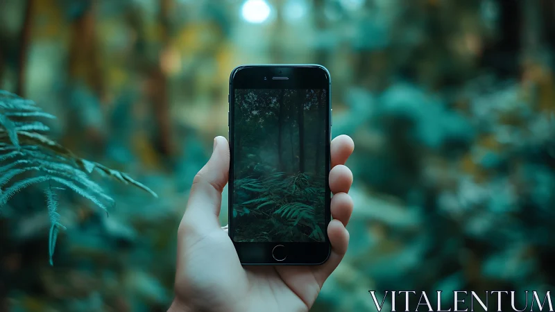 Hand Capturing Forest Through Smartphone Screen.