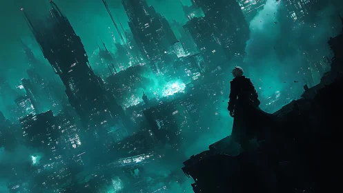 Lone figure surveys emerald cyberpunk megacity skyline.