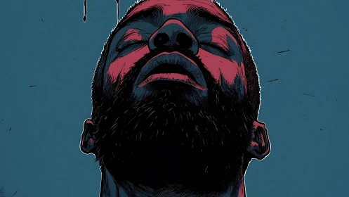 Upward-tilted bearded portrait with high-contrast rim lighting.