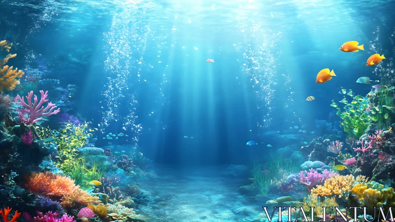 Sunlit coral reef scene renders volumetric underwater clarity