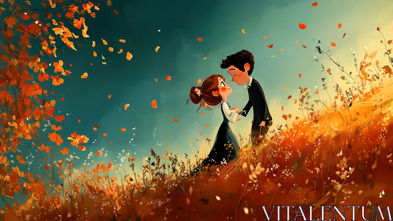 Autumn Romance: Couple Dancing Through Falling Leaves.