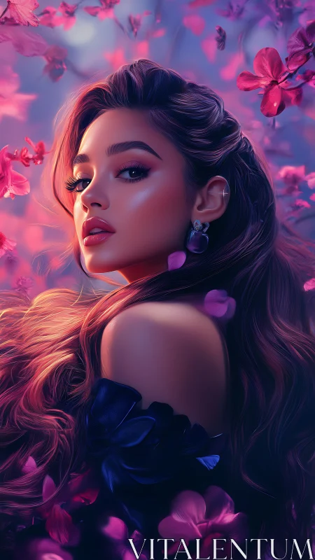 Digital portrait of woman among pink petals and bokeh.