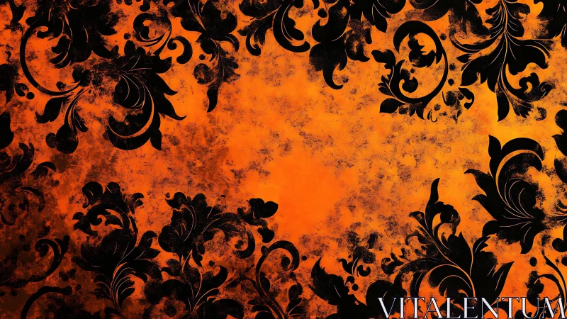 Floral silhouettes dance across glowing orange grunge field.