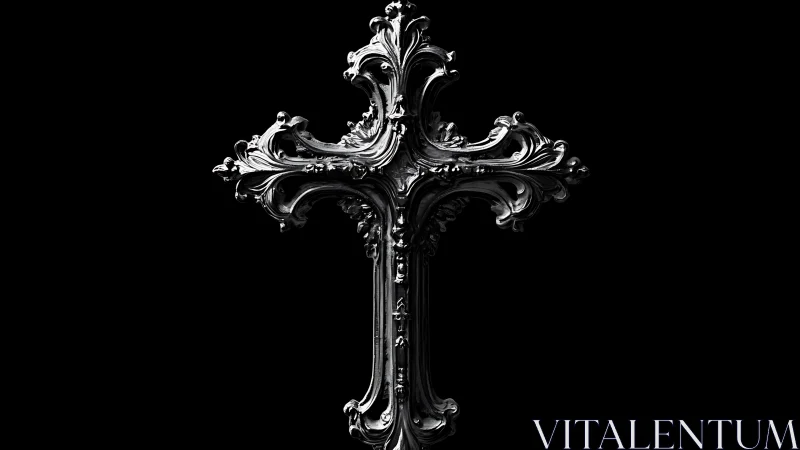 Ornate silver cross glowing softly against deep black night.