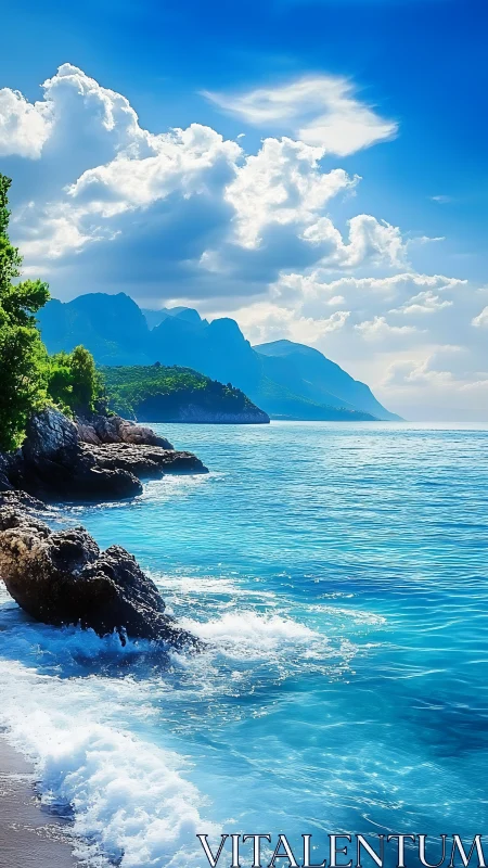 Sunlit turquoise cove with gentle waves and distant peaks.