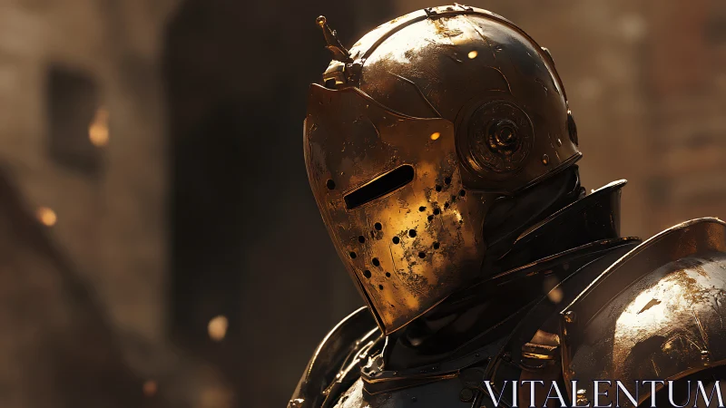 Battle-scarred gold-plated mech knight in cinematic side profile.