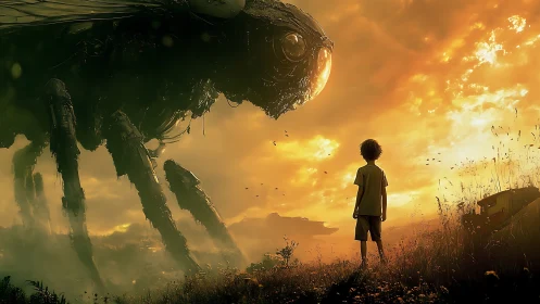 Boy faces colossal mechanical insect under glowing sky