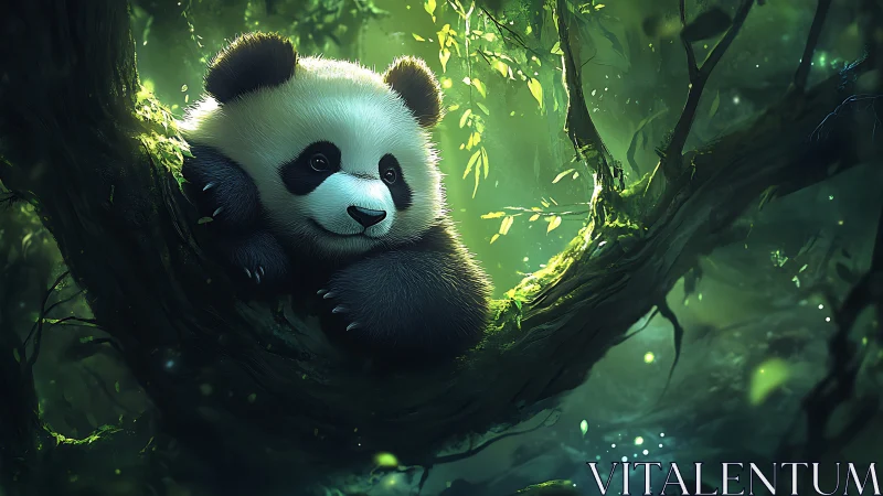 Playful panda cub dreams quietly in a glowing forest canopy