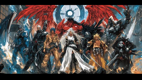 Angel warriors confront demonic titan in ruined cityscape.