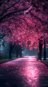Rain-soaked cherry blossom path under luminous magenta canopy.