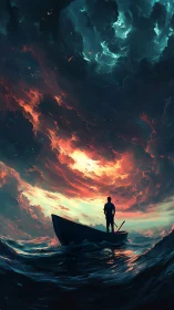 Solitary boat beneath a blazing, storm-torn sky at sea.