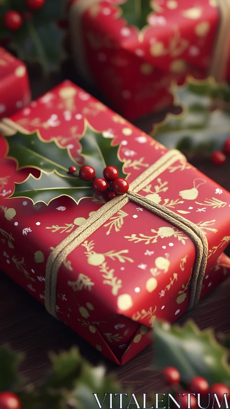 Red Christmas gift boxes wrapped in holly-print paper and twine