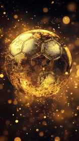 Golden textured soccer ball floats amid glowing particles