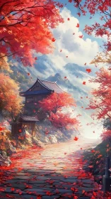 Autumn temple path drifts into mist beneath bright mountains