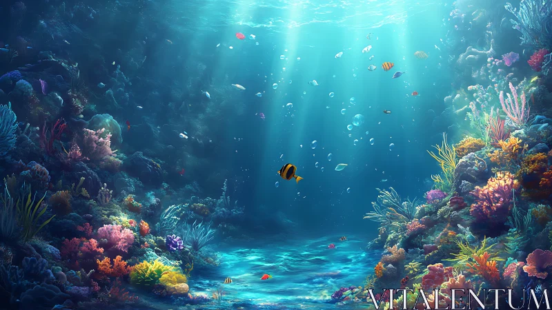 Sunlit tropical coral reef basin with schooling reef fishes