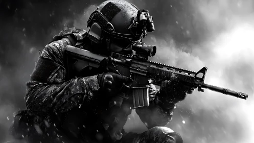 Tactical soldier aims rifle through storm in stark monochrome
