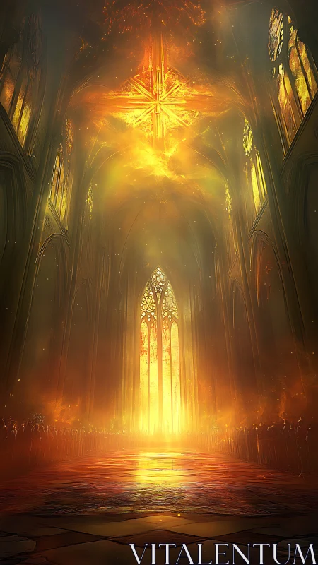 Cathedral nave engulfed in radiant celestial firelight.