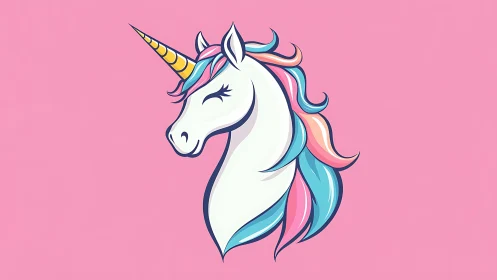Smiling pastel unicorn head set against solid pink background