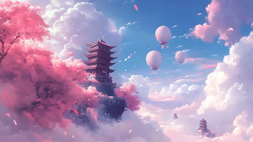 Floating pagodas rise among cherry clouds in ethereal sky