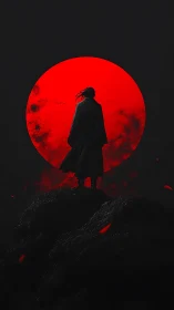 Silhouetted figure stands before large red circular backdrop