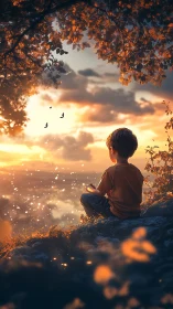 Young boy watching glowing sunset from forest cliff.