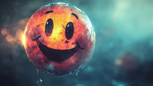 Smiling molten sphere glows against dreamy teal haze.