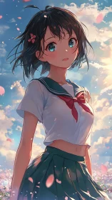 Anime schoolgirl stands outdoors under bright cloudy sky