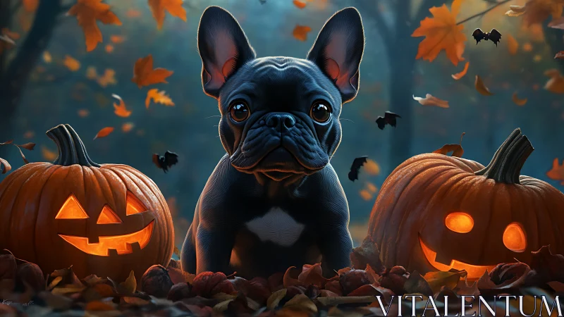 French bulldog sits between glowing jack o lantern pumpkins