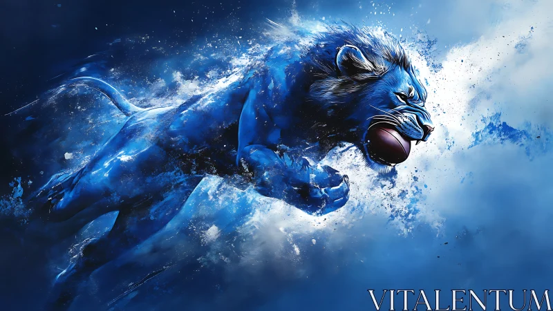 Blue Energy Lion with Sunglasses Against Dispersing Particles