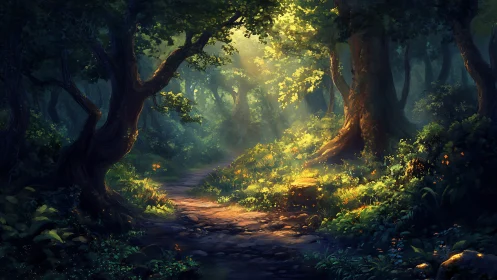 Enchanted Forest Path with Golden Sunlight and Ancient Trees