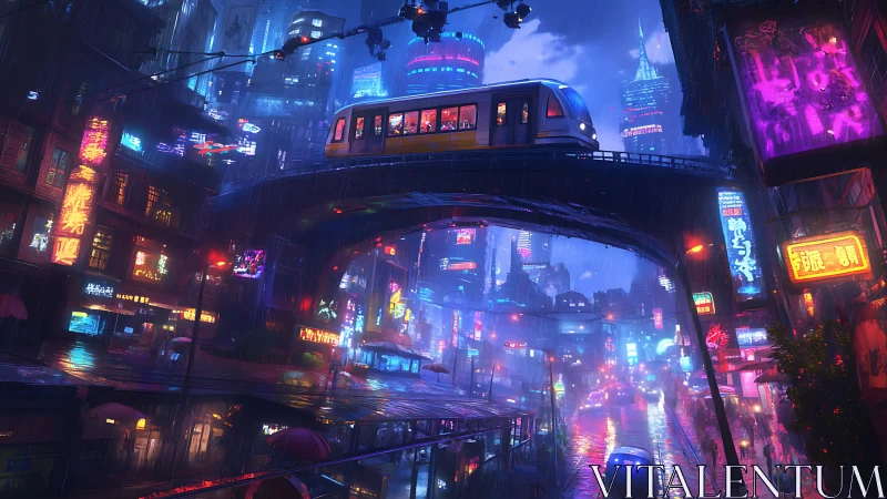 Neon rain-soaked cybercity with elevated tram crossing skyline.