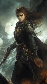 Storm-born pirate captain stands fearless upon raging seas