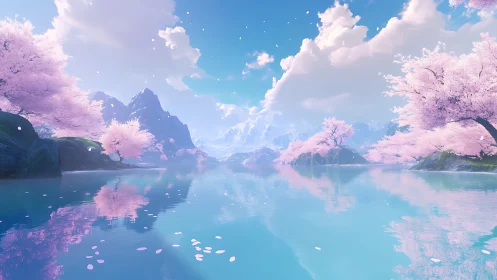 Serene cherry blossom lake under luminous spring sky.