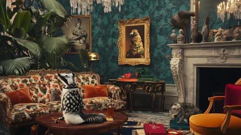 Opulent parlor with surreal animals and ornate decor.