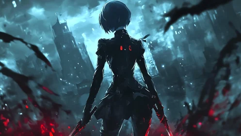 Cybernetic warrior stalks ruined neon city at nightfall.