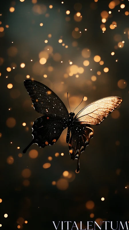 Butterfly silhouette glows against blurred warm bokeh lights
