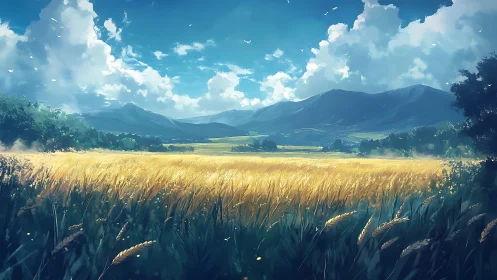 Golden wheat field extends toward distant blue mountain range